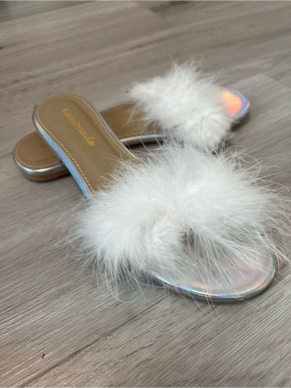 White Faux Fur Iridescent Slide Mules